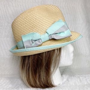 Isa & Stef Straw Fedora Mint Green Grey Grosgrain Band
